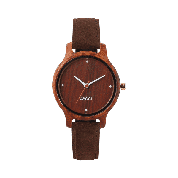 Montre en bois femme California avec bracelet en velours marron chocolat