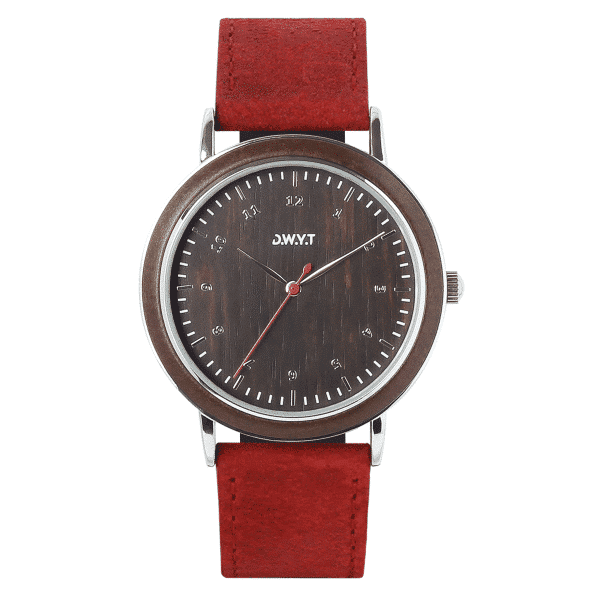 Montre en bois Kharga avec bracelet cuir vintage rouge vermillon