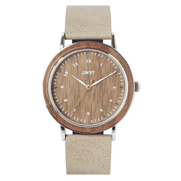 Montre en bois Sitra avec bracelet en cuir grainé couleur galet