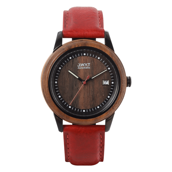 Montre automatique bois Night Mood cuir lisse rouge