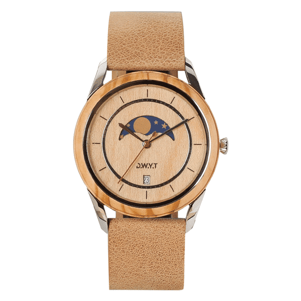 Montre phases de lune Full Moon avec bracelet cuir grainé noisette