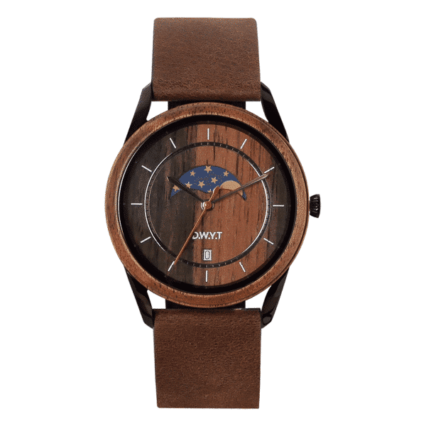 Montre phases de lune New Moon avec bracelet en cuir grainé marron cacao