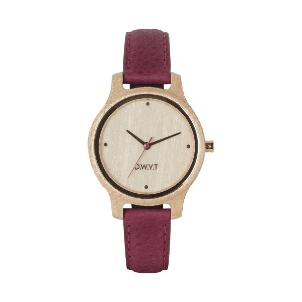 Montre en bois Aquila avec bracelet en cuir grainé prune