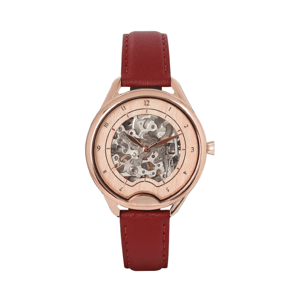 Montre squelette femme Odyssey rosegold avec bracelet en cuir lisse rouge rubis